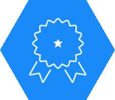 Blaues Hexagon mit einem Zertifikatssymbol in der Mitte