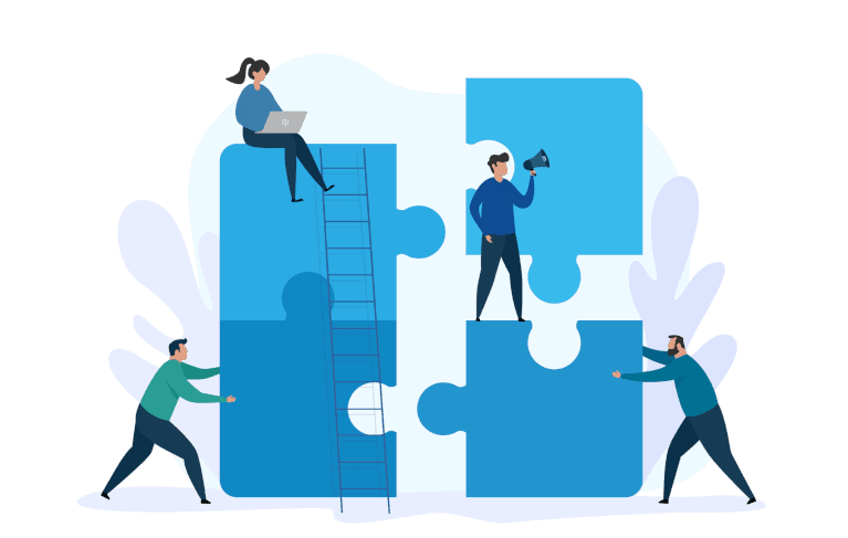 Vektor-Illustration für Teamarbeit Konzept und Business-Lösung. Gruppe von Menschen arbeiten zusammen mit riesigen Puzzle-Elemente